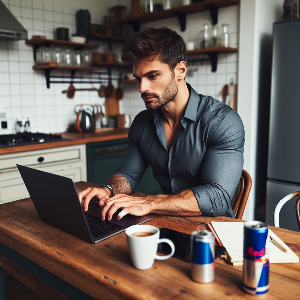 A man working on his laptop in the kitchen of his home with red bull cans and a coffee next to him.
