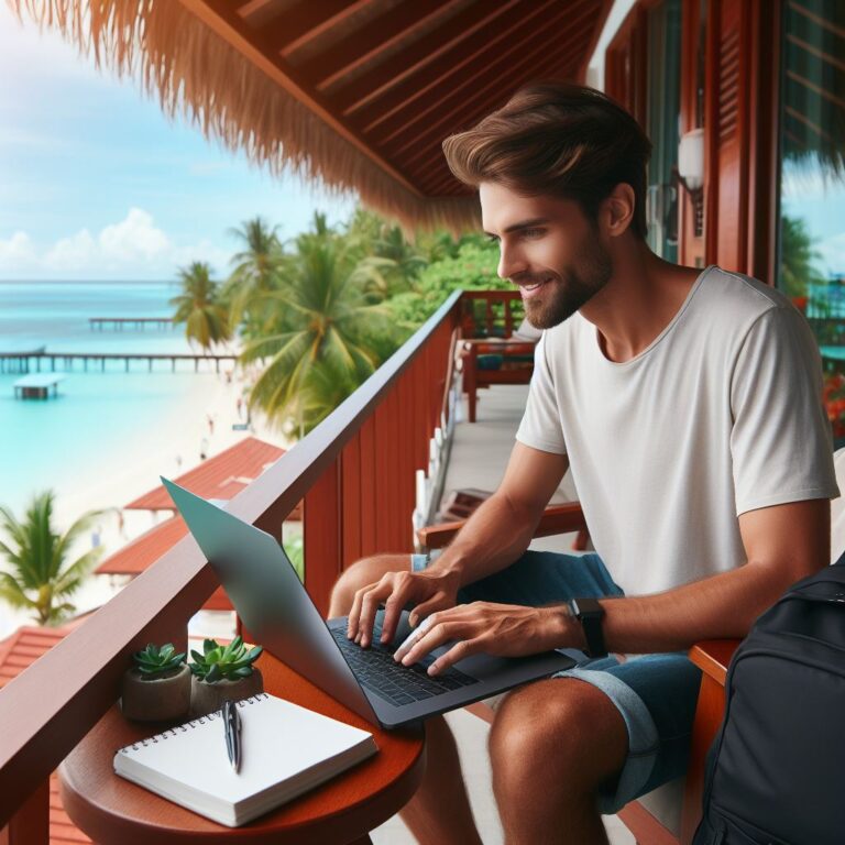 a travel blogger working on his laptop from the balcony of his hotel room near the ocean