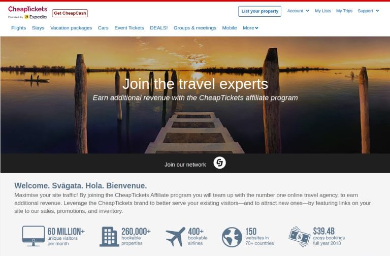 Screenshot of cheaptickets.com travel affiliate program