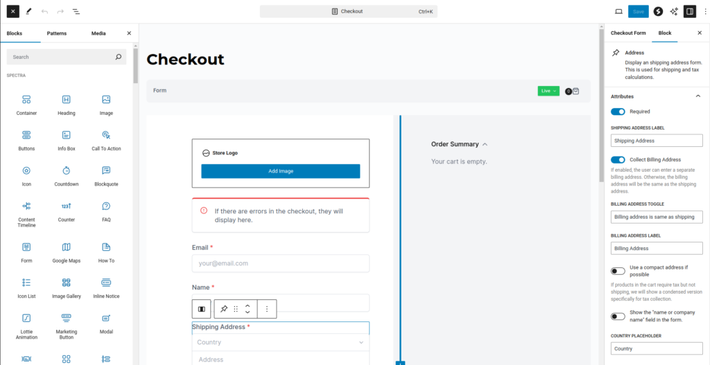 SureCart screenshot of editing custom checkout template using block editor