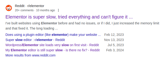 Screenshot of reddit users complaining about elementor being slow